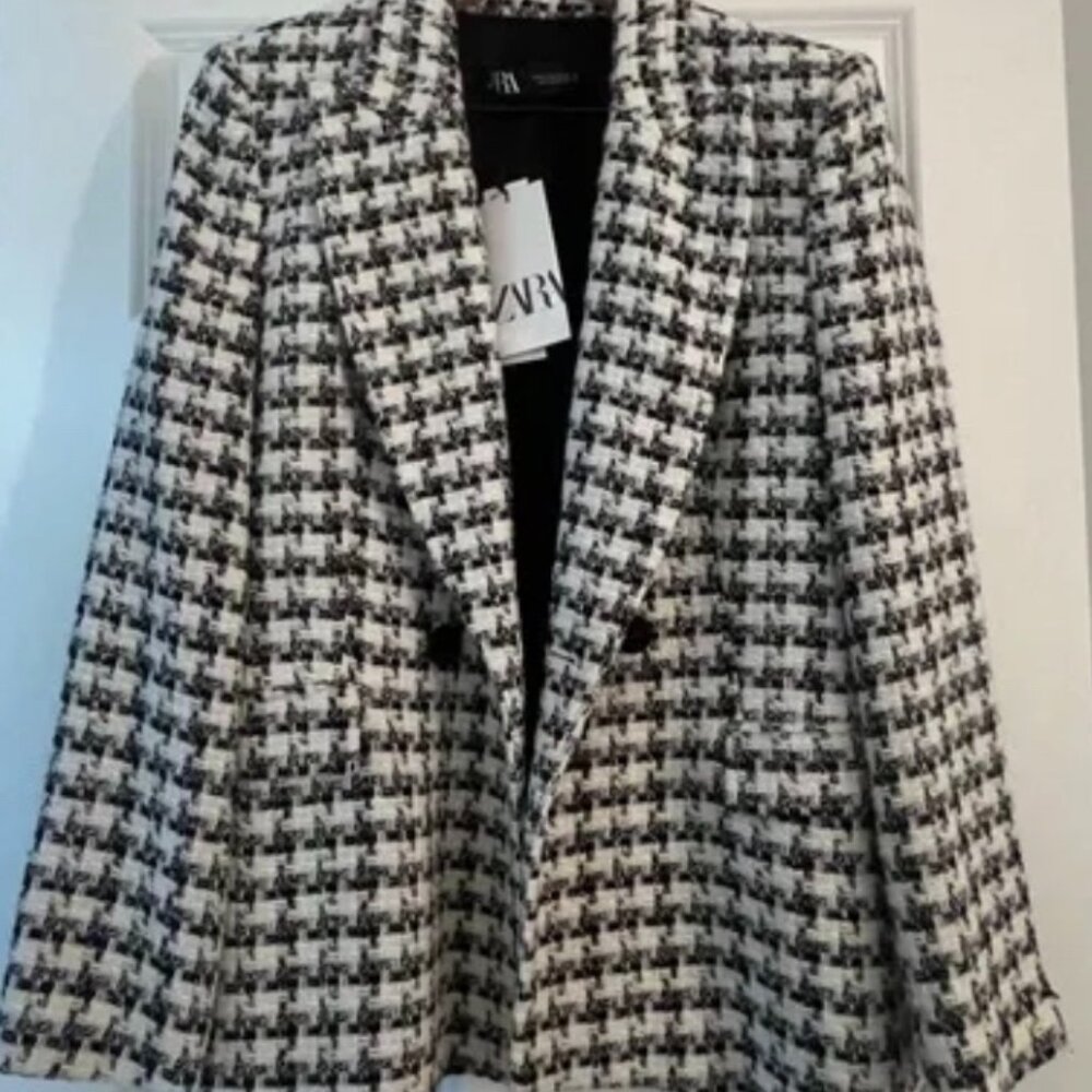 Zara Black and White Checkered Plaid Tweed Jacket Medium